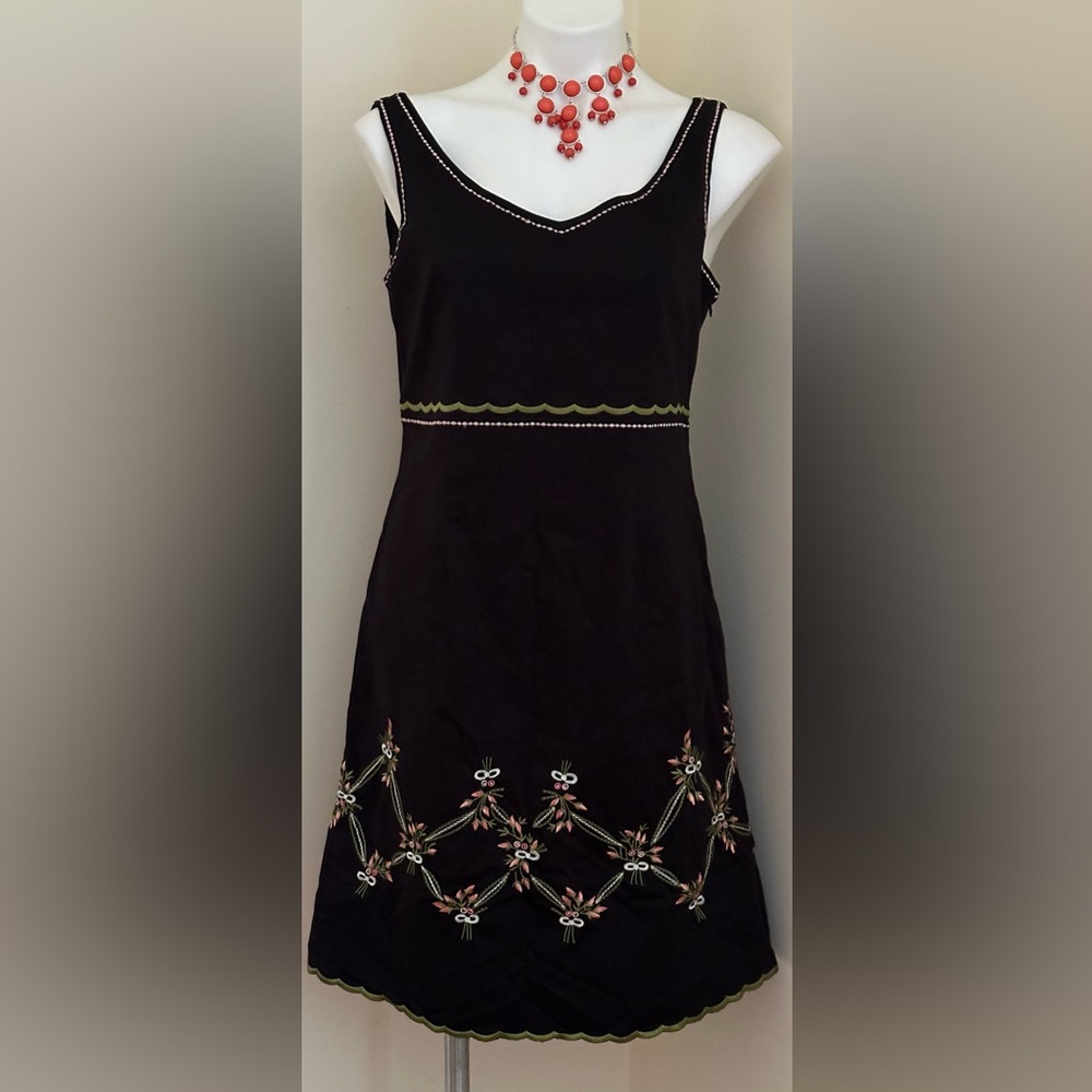 Nikki Valenti Black W/ Green Pink White Thread Floral  Design Cotton Dress Sz 6